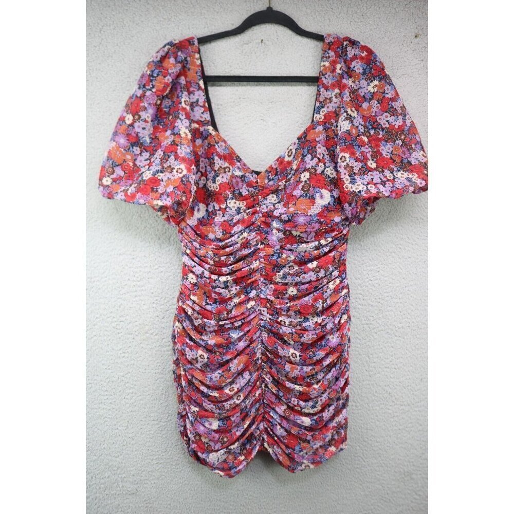 Zara Short Puff Sleeves Draped Bodycon Floral Mini Dress-Size Medium-Lined